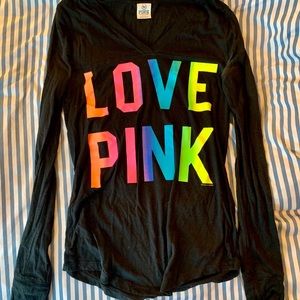 PINK Love Pink Black Long Sleeve V-Neck Shirt